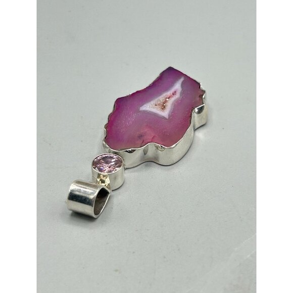 Pink Druzy Quartz Gemstone Pendant Sterling Silver 925 with Pink Glass Stone - Picture 4 of 7